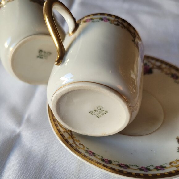 Bernardaud Limoges Demitasse Cups & Saucer Porcelain Pink Rose Gilded - Picture 2 of 11
